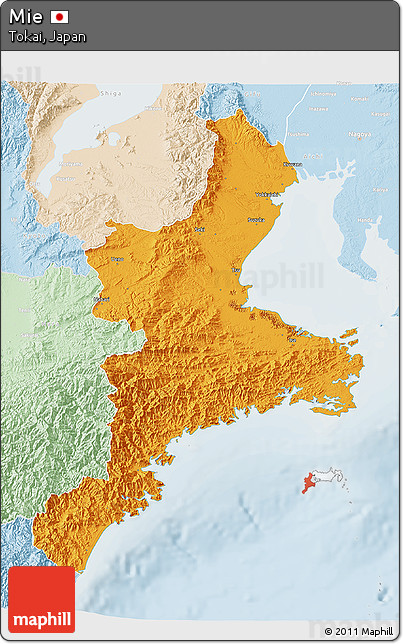 Political 3D Map of Mie, lighten