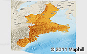 Political Panoramic Map of Mie, shaded relief outside