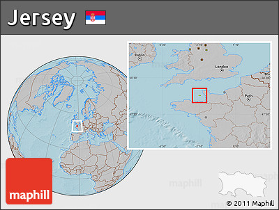 Physical Location Map of Jersey, gray outside, hill shading