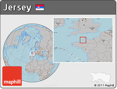 Physical Location Map of Jersey, gray outside, hill shading