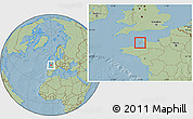 Satellite Location Map of Jersey, savanna style outside, hill shading
