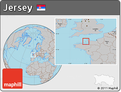 Savanna Style Location Map of Jersey, gray outside, hill shading inside