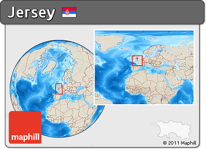 Shaded Relief Location Map of Jersey, within the entire continent