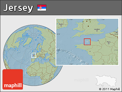 Shaded Relief Location Map of Jersey, savanna style outside, hill shading