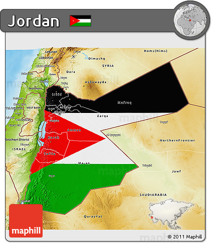 Flag 3D Map of Jordan, physical outside, flag centered