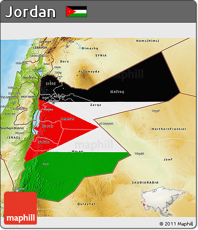 Flag 3D Map of Jordan, physical outside, flag centered