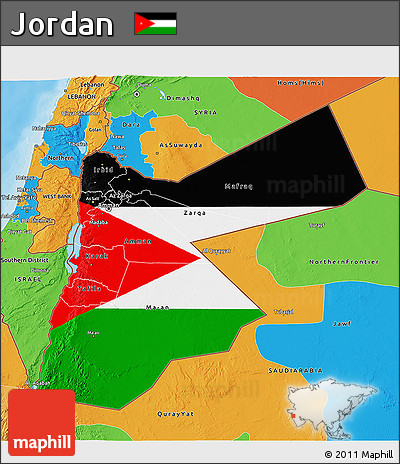 Flag 3D Map of Jordan, political outside, flag centered