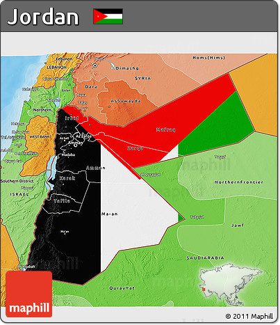 Flag 3D Map of Jordan, political shades outside, flag rotated