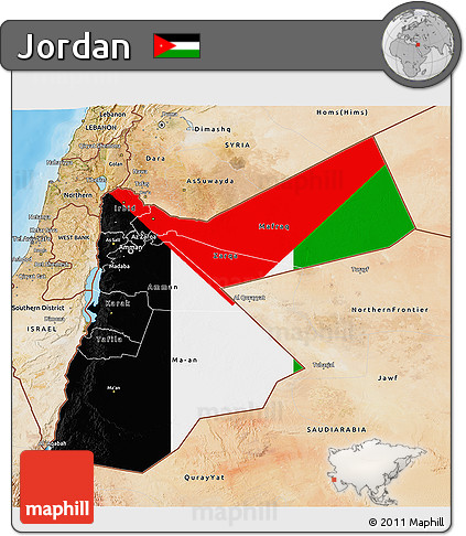 Flag 3D Map of Jordan, satellite outside, bathymetry sea, flag rotated