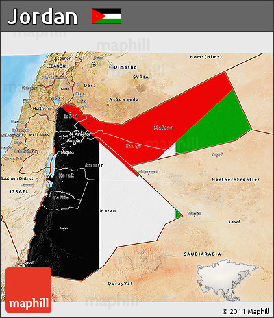 Flag 3D Map of Jordan, satellite outside, bathymetry sea, flag rotated