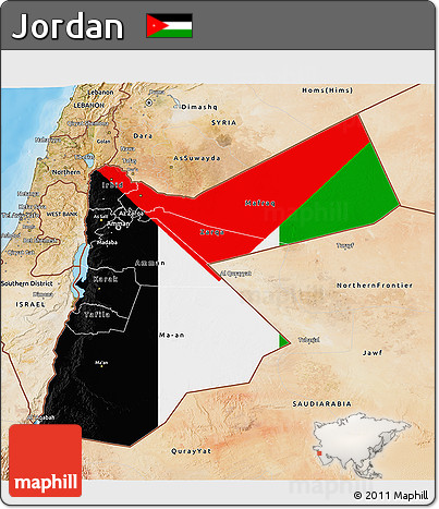 Flag 3D Map of Jordan, satellite outside, bathymetry sea, flag rotated