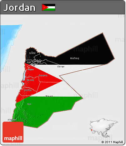 Flag 3D Map of Jordan, single color outside, bathymetry sea, flag centered