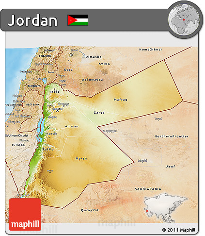 Physical 3D Map of Jordan, satellite outside, shaded relief sea