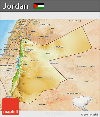 Physical 3D Map of Jordan, satellite outside, shaded relief sea