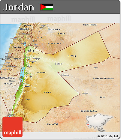 Physical 3D Map of Jordan, satellite outside, shaded relief sea