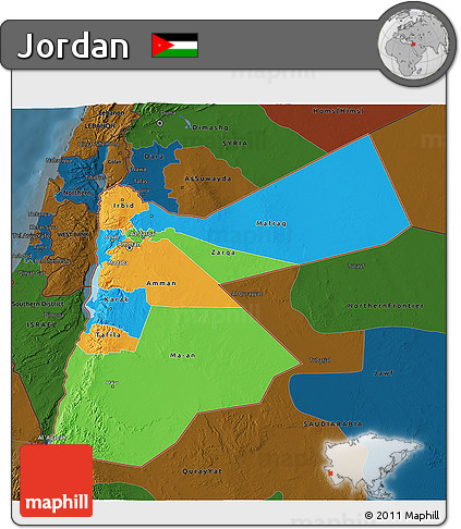 Political 3D Map of Jordan, darken