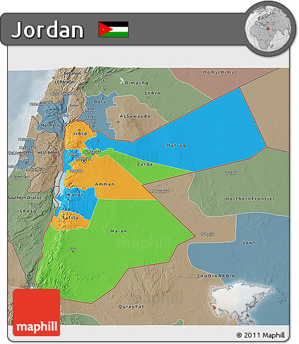 Political 3D Map of Jordan, semi-desaturated