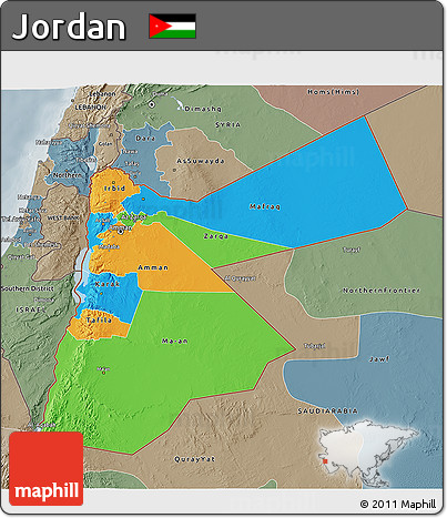 Political 3D Map of Jordan, semi-desaturated
