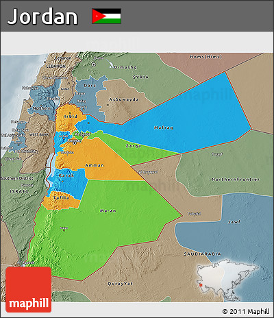 Political 3D Map of Jordan, semi-desaturated