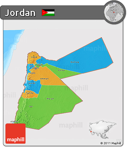 Political 3D Map of Jordan, single color outside, bathymetry sea