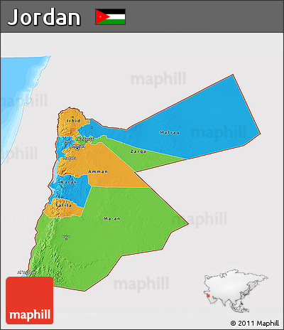 Political 3D Map of Jordan, single color outside, bathymetry sea