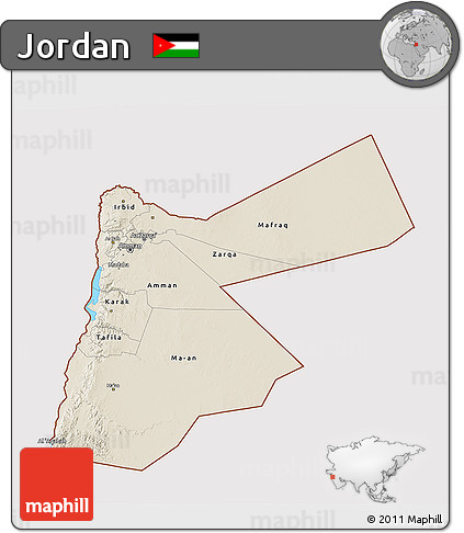 Shaded Relief 3D Map of Jordan, cropped outside
