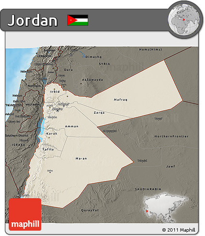 Shaded Relief 3D Map of Jordan, darken, land only