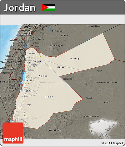 Shaded Relief 3D Map of Jordan, darken, land only