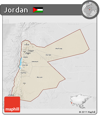 Shaded Relief 3D Map of Jordan, lighten, desaturated
