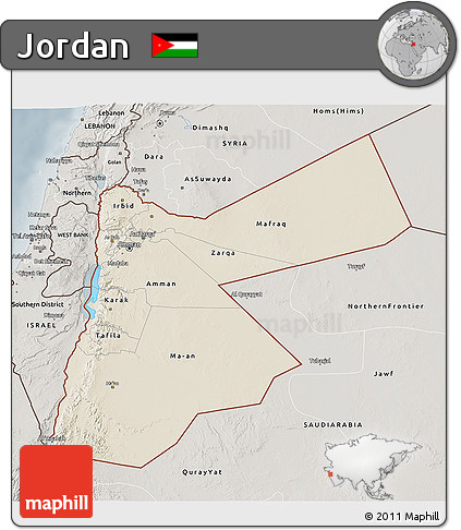 Shaded Relief 3D Map of Jordan, semi-desaturated
