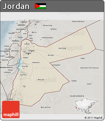 Shaded Relief 3D Map of Jordan, semi-desaturated