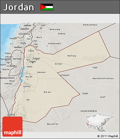 Shaded Relief 3D Map of Jordan, semi-desaturated, land only