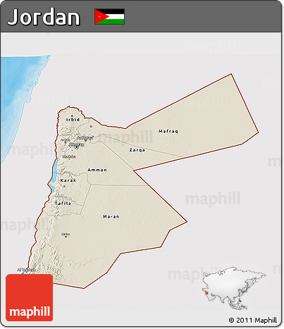 Shaded Relief 3D Map of Jordan, single color outside, bathymetry sea, shaded relief sea