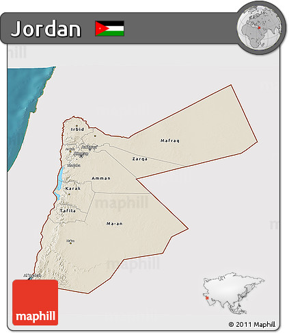 Shaded Relief 3D Map of Jordan, single color outside, satellite sea