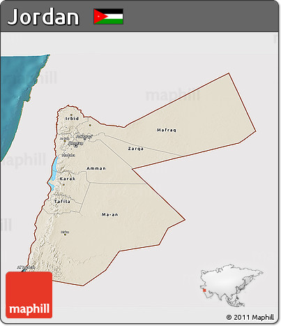 Shaded Relief 3D Map of Jordan, single color outside, satellite sea