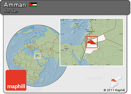 Savanna Style Location Map of Amman, highlighted country, hill shading