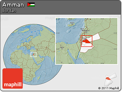 Savanna Style Location Map of Amman, highlighted country, hill shading