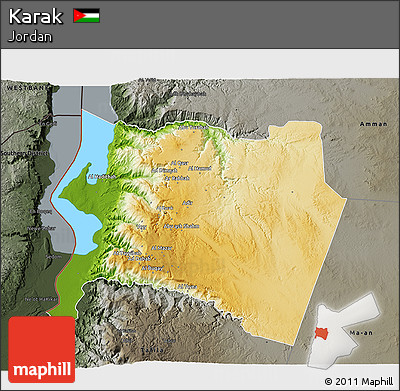Physical 3D Map of Karak, darken, semi-desaturated