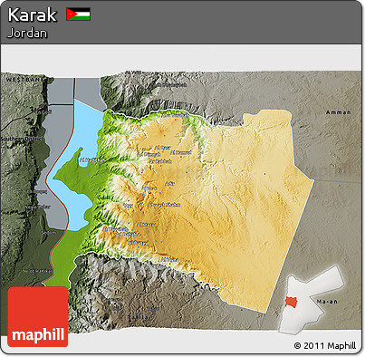 Physical 3D Map of Karak, darken, semi-desaturated