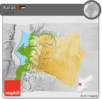 Physical 3D Map of Karak, lighten, desaturated