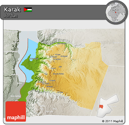 Physical 3D Map of Karak, lighten, semi-desaturated