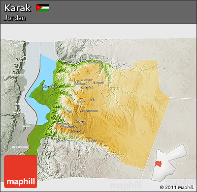 Physical 3D Map of Karak, lighten, semi-desaturated