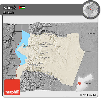 Shaded Relief 3D Map of Karak, darken, desaturated