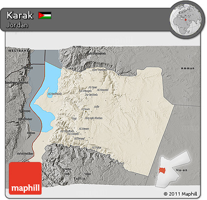 Shaded Relief 3D Map of Karak, darken, semi-desaturated