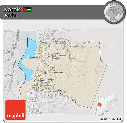 Shaded Relief 3D Map of Karak, lighten, semi-desaturated