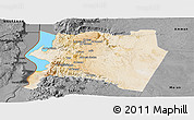 Satellite Panoramic Map of Karak, darken, desaturated