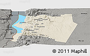 Shaded Relief Panoramic Map of Karak, darken, semi-desaturated