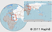 Gray Location Map of Jordan, highlighted continent, within the entire continent, hill shading