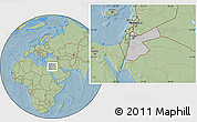 Gray Location Map of Jordan, savanna style outside, hill shading outside