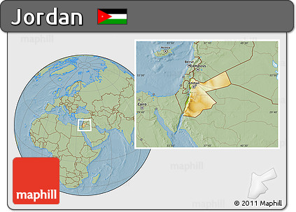 Physical Location Map of Jordan, savanna style outside, hill shading